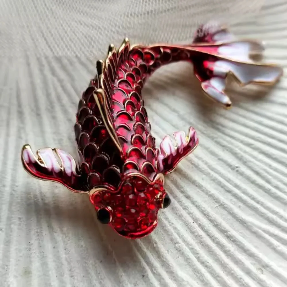 Koi Fish Maroon Red &Orange Gold Enamel Brooch Set– Symbol of Luck & Prosperity